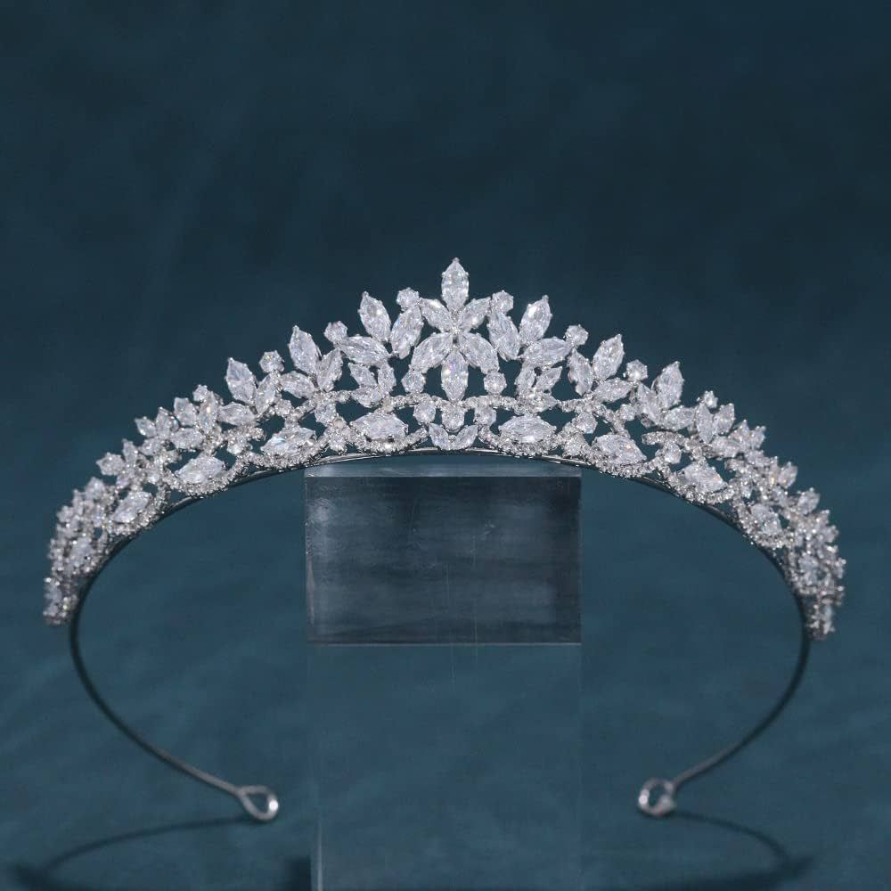 Silver CZ Wedding Tiaras for Brides Floral Princess Crowns for Women Cubic Zirconia Bridal Headba... | Amazon (US)