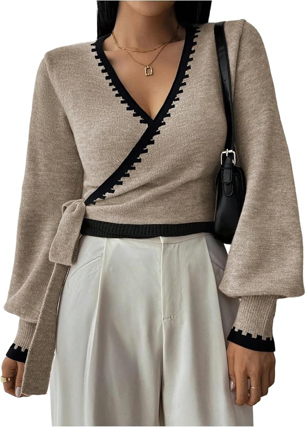 SOLY HUX Women's V Neck Cropped Sweater Fall Wrap Tops | Amazon (US)