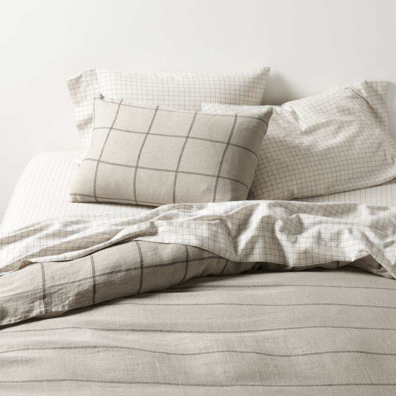 Natural Hemp Arcadia Tan and Midnight Navy Reversible Grid Full/Queen Duvet Cover + Reviews | Cra... | Crate & Barrel