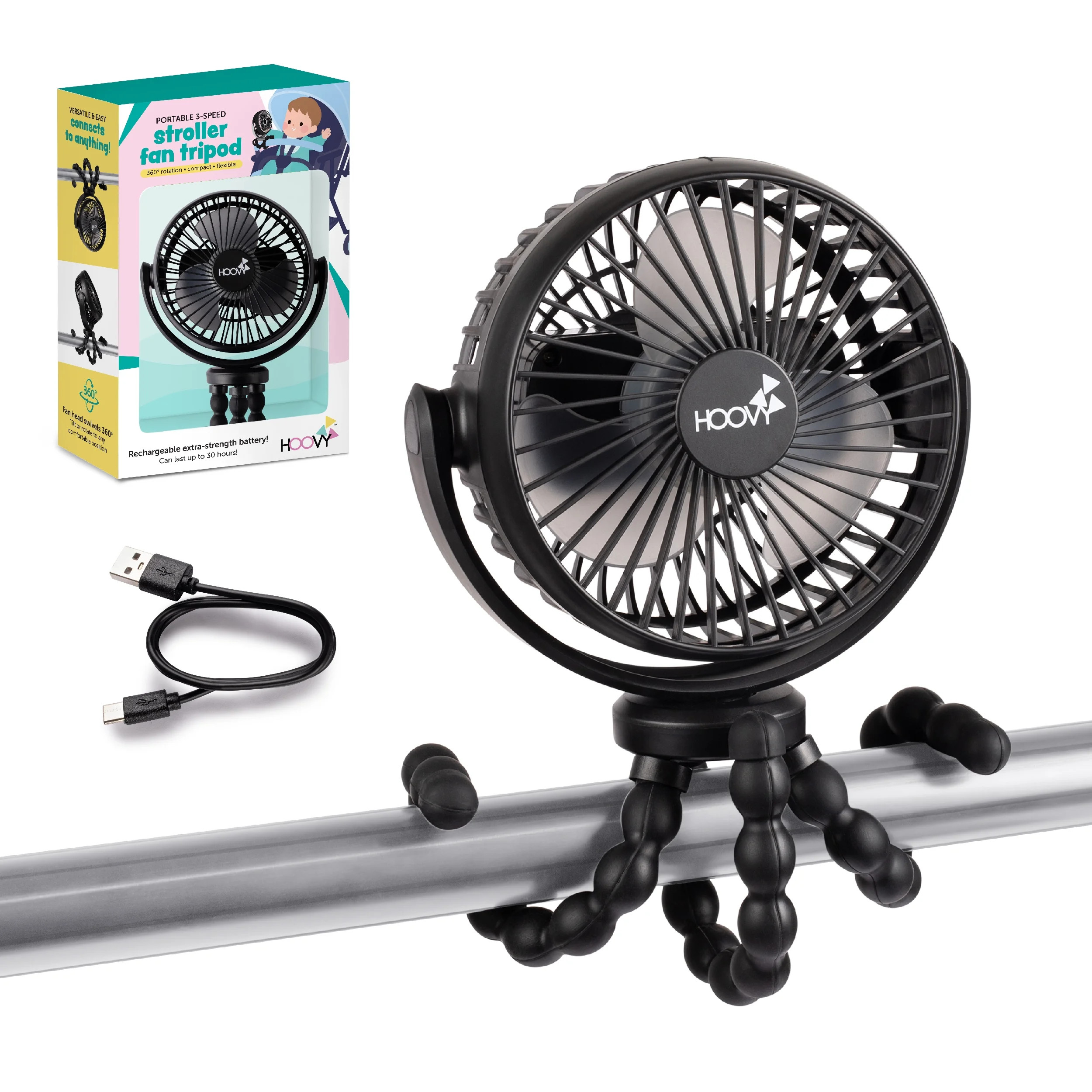 Hoovy Portable & Rechargeable Stroller Fan with Flexible Tripod Legs, Black | Walmart (US)