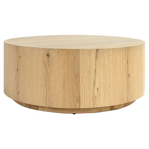 Vincent Rustic Lodge Natural Brown Oak Round Drum Coffee Table | Kathy Kuo Home