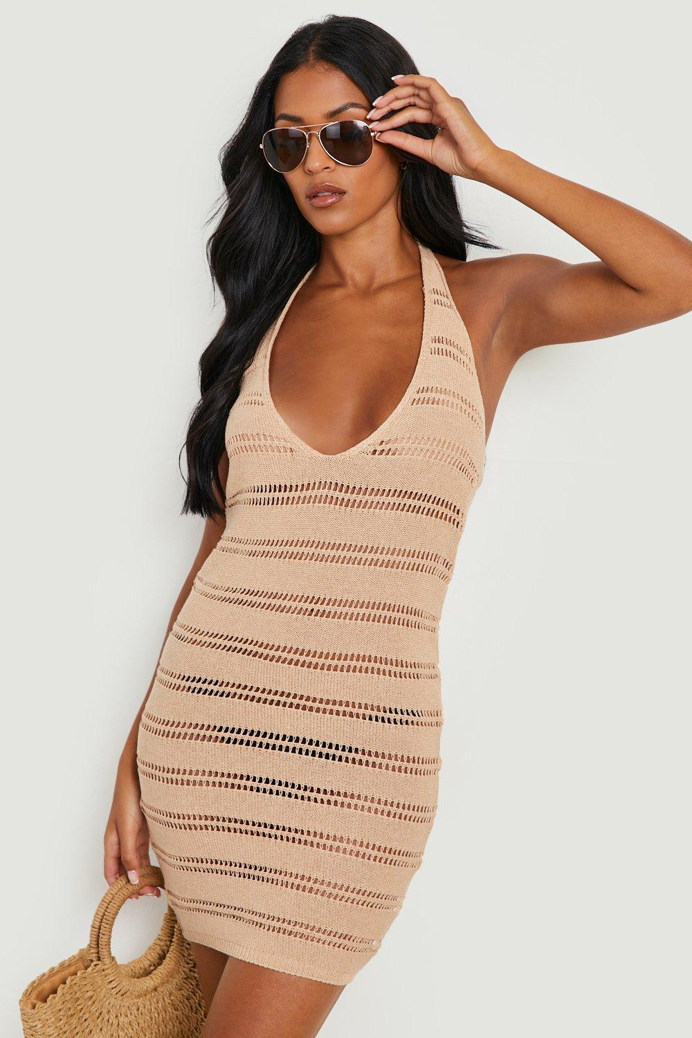 Womens Tall Crochet Halter Neck Beach Dress - Beige - M | Boohoo.com (US & CA)