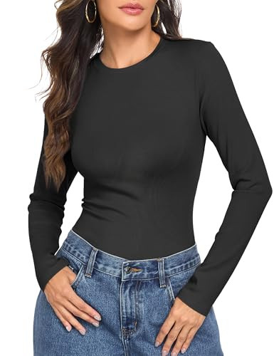 PrettyGuide Black Long Sleeve Shirt for Woman Crewneck Fitted Tops Casual Basic Tee Trendy Fall Ribbed Going Out Top L | Amazon (US)