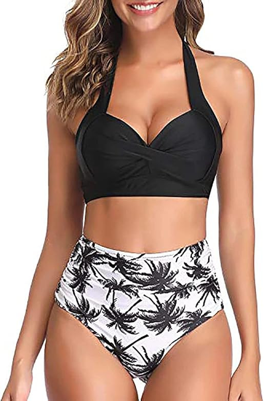 Tempt Me Women Two Piece Vintage Swimsuit Retro Halter Ruched High Waist Bikini with Bottom | Amazon (US)