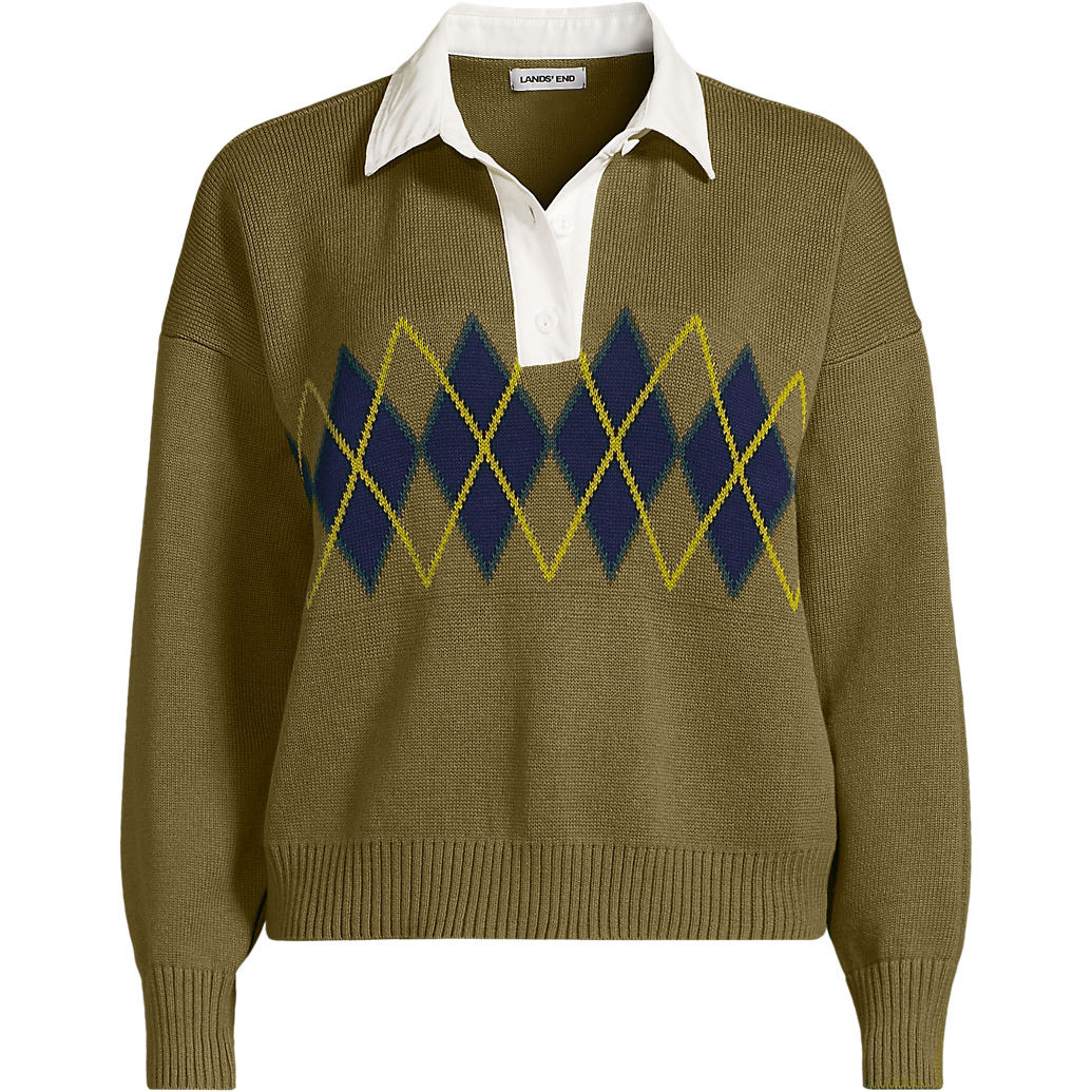 Women's Drifter Jacquard Rugby with Woven Collar Sweater | Lands' End (US)