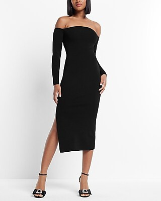 Off The Shoulder Long Sleeve Side Slit Midi Sweater Dress | Express