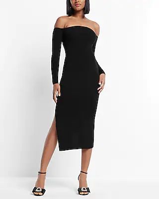 Off The Shoulder Long Sleeve Side Slit Midi Sweater Dress | Express