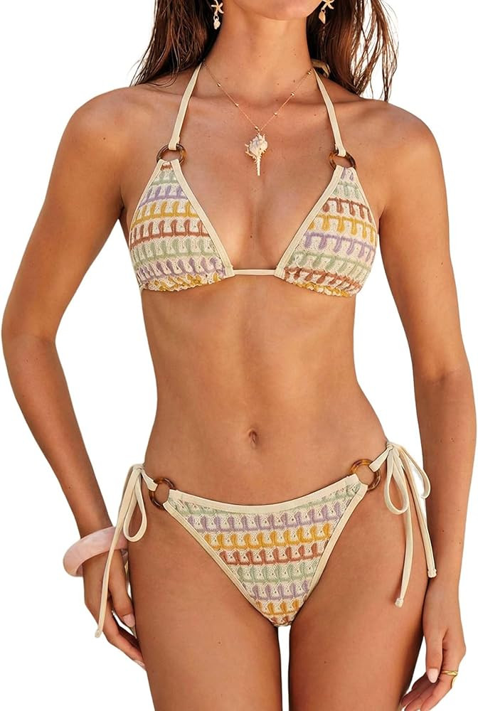 ZAFUL Triangle Bikini Sets for Women Sexy Tie Side Halter String O Ring Textured Two Piece Swimwe... | Amazon (US)