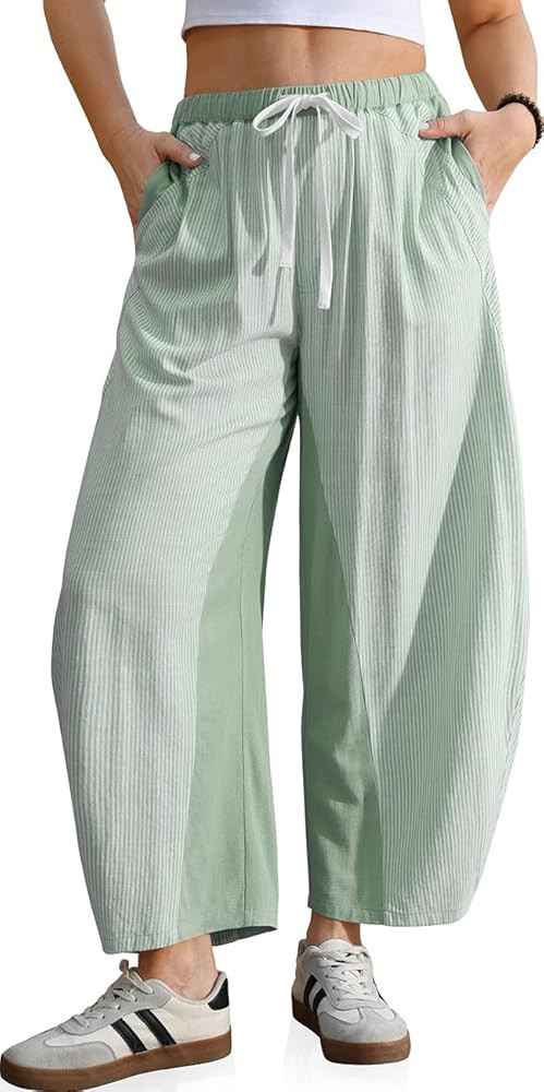 TARSE Womens Wide Leg Barrel Pants Striped Drawstring Elastic Waist Loose Fit Summer Boho Casual ... | Amazon (US)