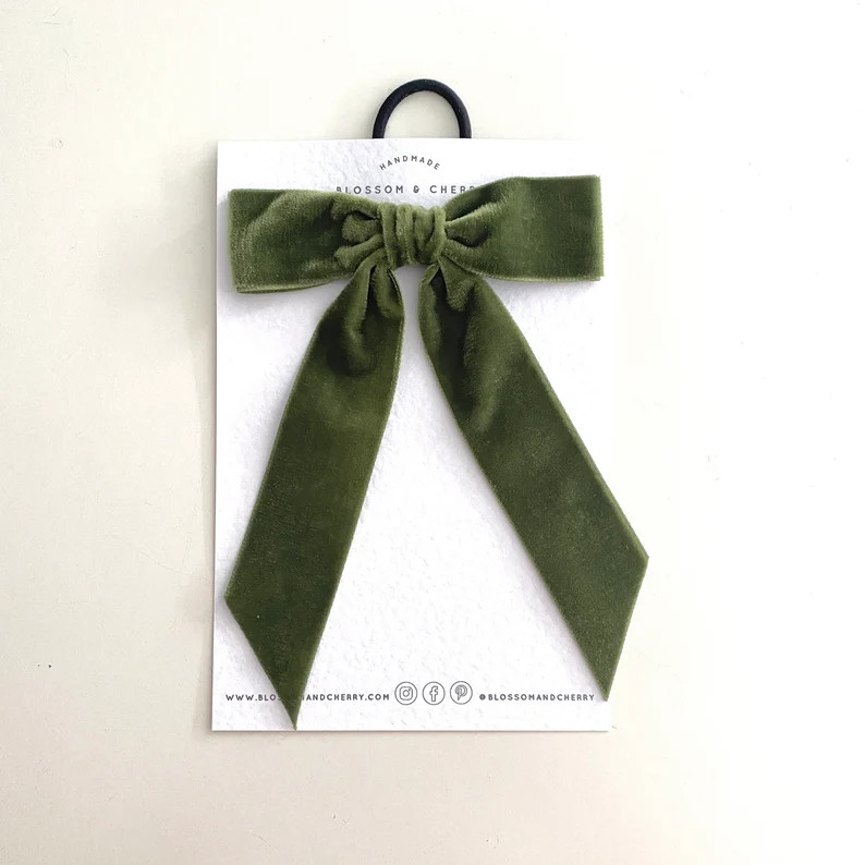Moss Green Velvet Long Tail Hair Bow, Chunky Velvet Hair Tie, Velvet Long Tail Bow, Bow Hair Clip... | Etsy (Global)