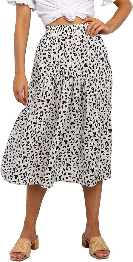 MEROKEETY Women's Leopard Print Elastic High Waist Pleated A-Line Swing Midi Long Skirt | Amazon (US)