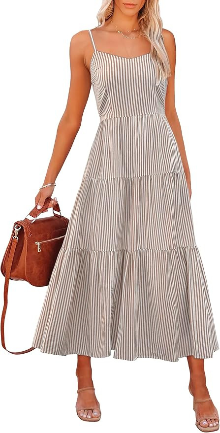 ANRABESS Womens Summer Midi Dresses Casual Striped Plaid Sleeveless Flowy Maxi Dress 2026 Beach V... | Amazon (US)