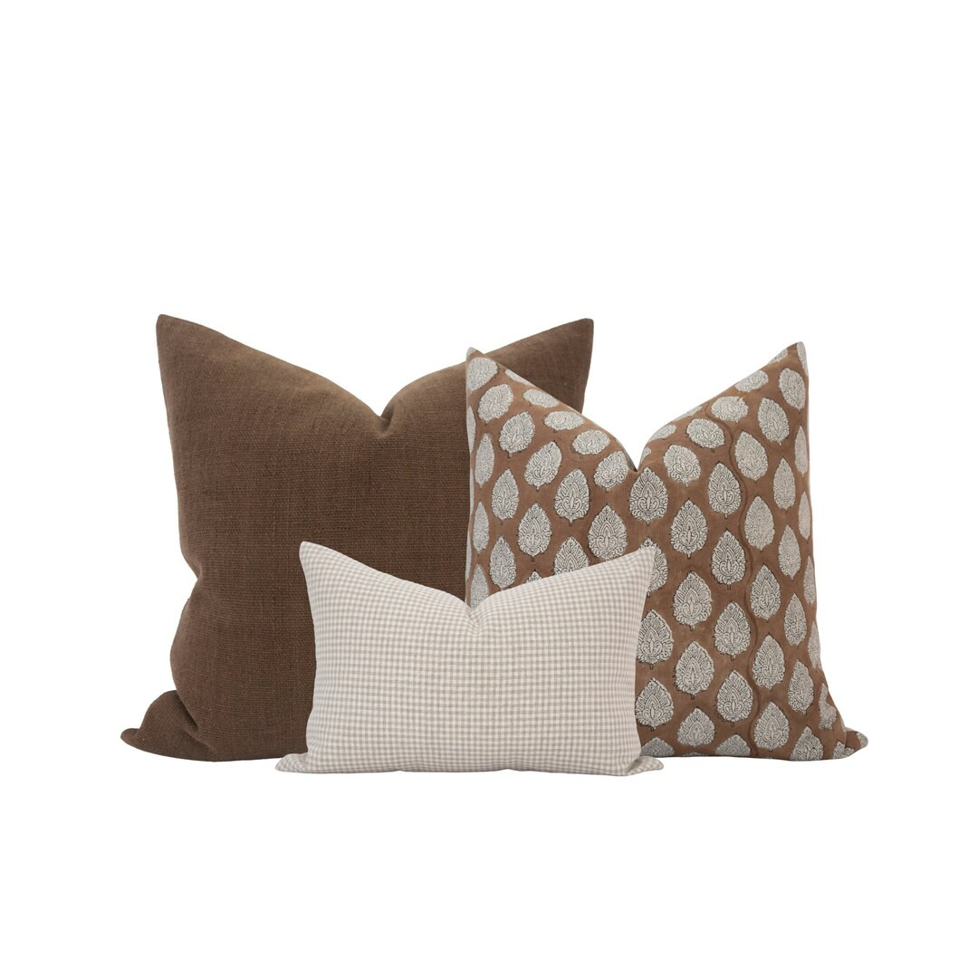 Brown Pillow Cover Combo Moody Fall Pillow Combo Brown Floral Pillow Dark Brown Pillow Gingham Pi... | Etsy (US)