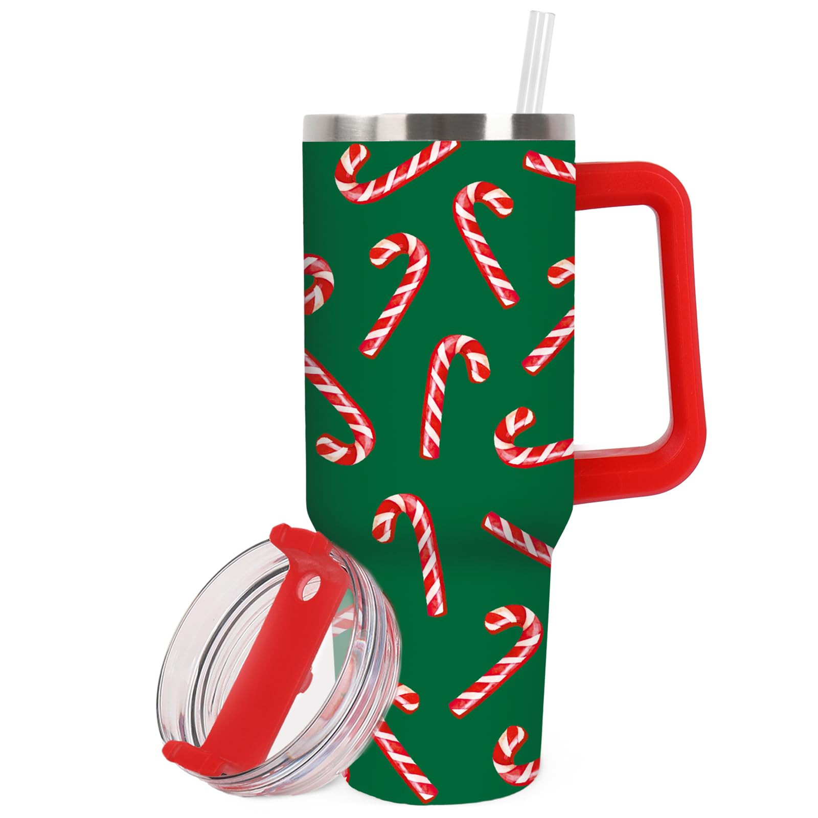Christmas Tumbler with Handle Straw and Lid 40oz Candy Cane Tumbler with Lid Straw Green Red Xmas... | Amazon (US)
