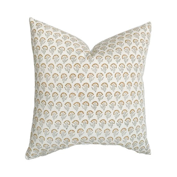 Lyla | Mustard Floral Handblock Linen Pillow Cover | Yellow Earth Tone | Designer Fabric  | Neutr... | Etsy (US)