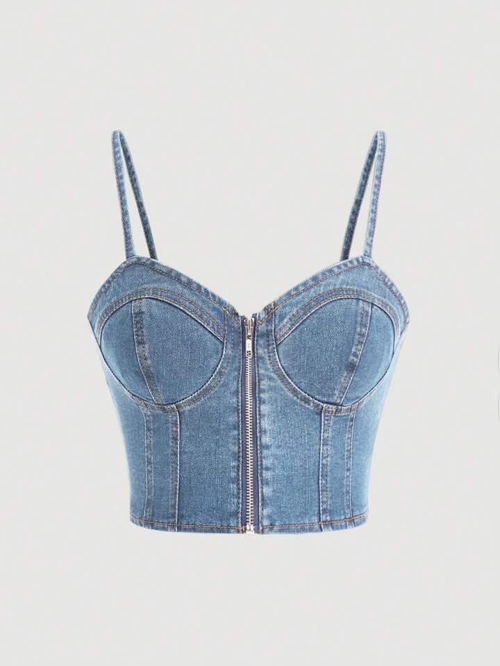 SHEIN Privé Women Zip-Up Collar Casual Denim Camisole Top | SHEIN