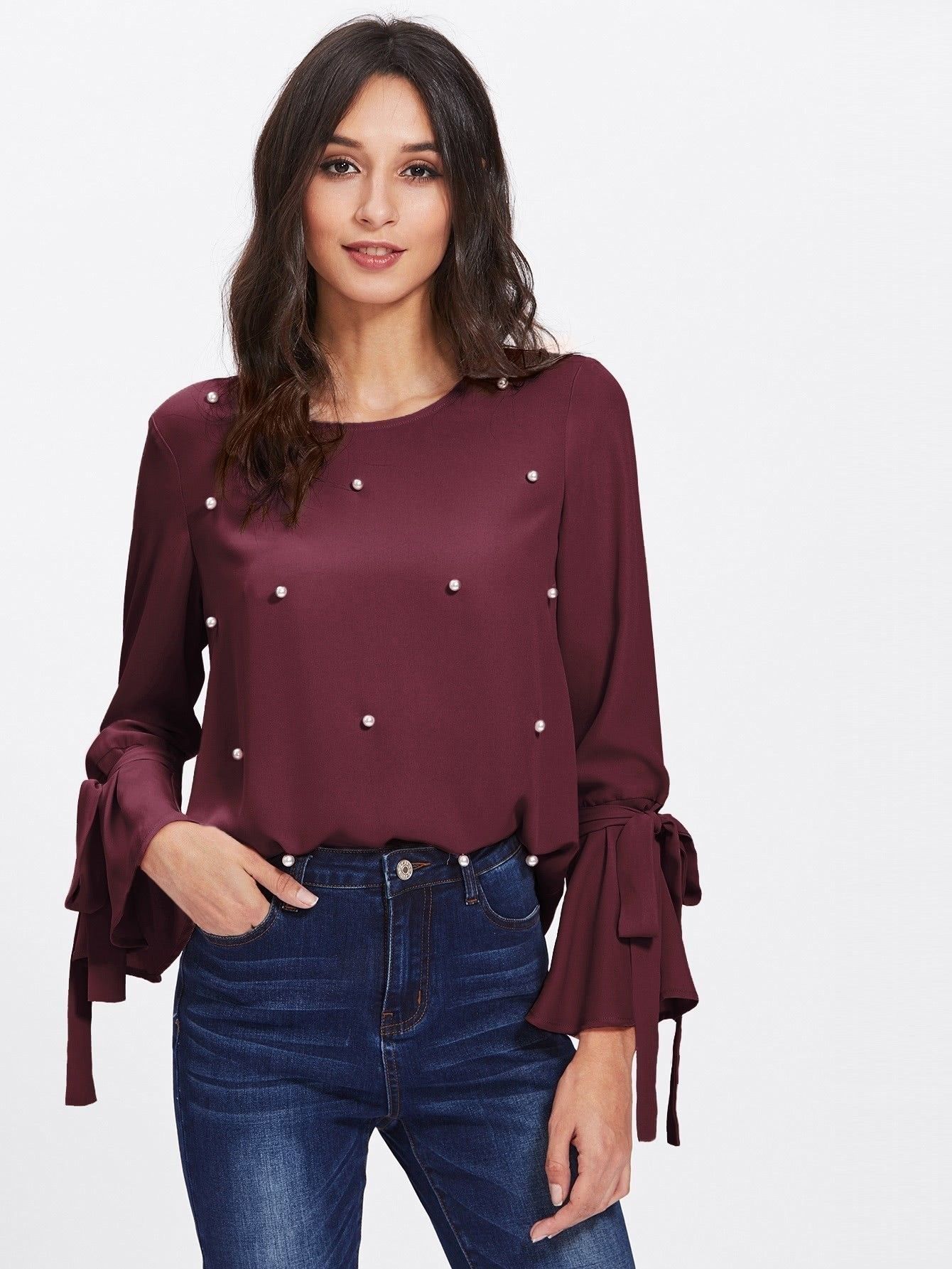 Pearl Embellished Bow Tied Bell Cuff Blouse | SHEIN