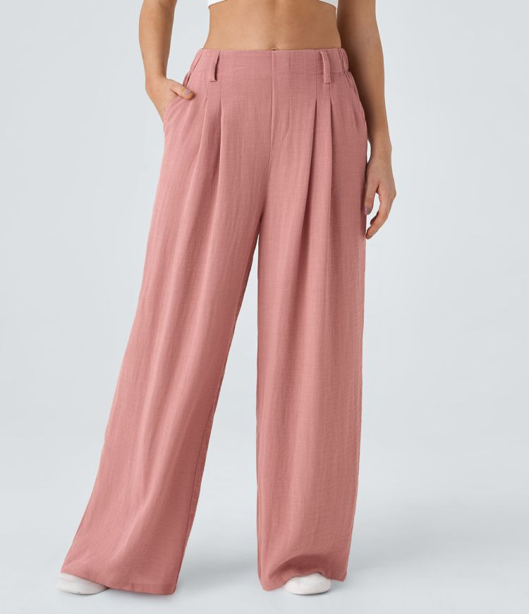 Women’s High Waisted Side Pocket Wide Leg Flowy Solid Palazzo Casual Linen-Feel Pants - Halara | HALARA