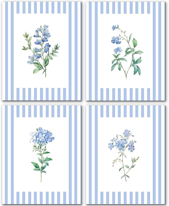 JINYO Vintage Blue and White Striped Floral Wall Art Prints Set of 4, Floral Wall Decor, Rustic C... | Amazon (US)
