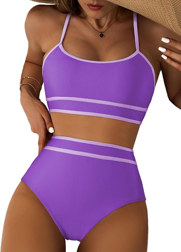 Herseas Women's Bikini Sets Ribbed Color Block Swimsuit Scoop Neck Bathing Suit | Amazon (US)