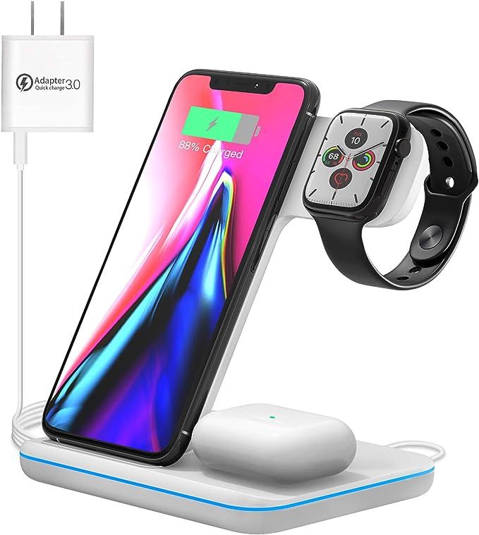 Wireless Charging Station, 3 in 1 Qi Charger for Apple Watch 1/2/3/4/5/SE/6 Airpods 2/pro Wireles... | Amazon (US)