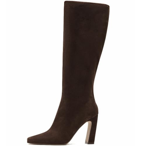 Lovee Cosee Chocolate Suede Knee High Boots for Women Dark Brown Square Toe Chunky Heels for Women Wide Calf Fall Fashion Trendy Tall Long Boots Winter Warm Party Dress Office Lady | Amazon (US)