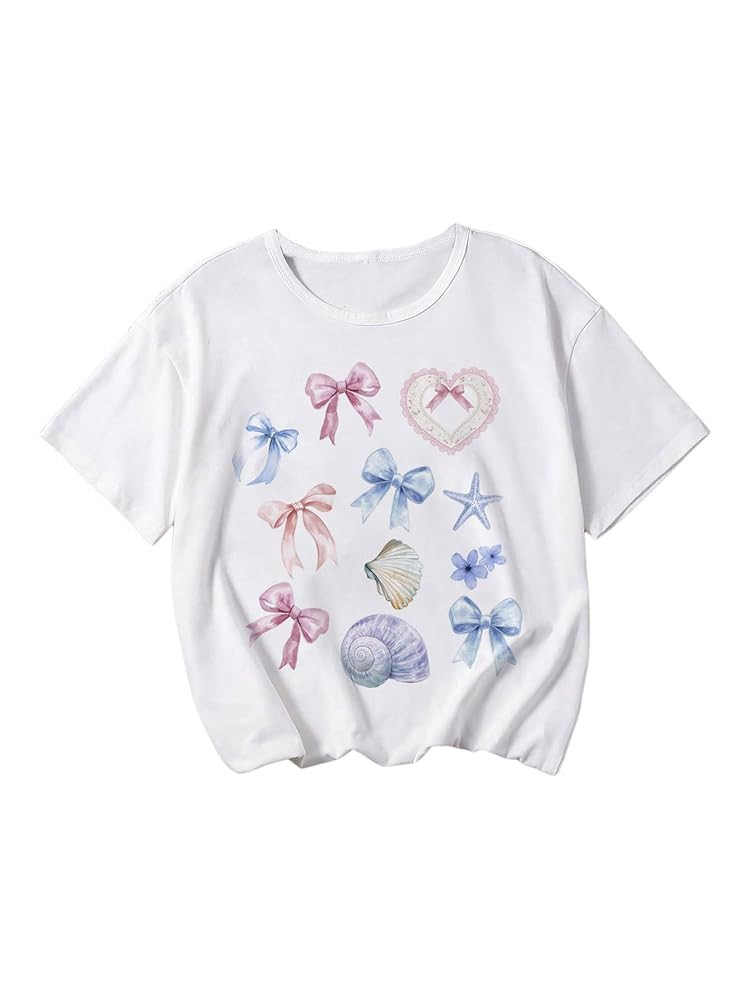 Girl's Bow Graphic Tees Short Sleeve Crewneck Crop Tops Cute Shirts Slim Fit Summer T Shirts | Amazon (US)