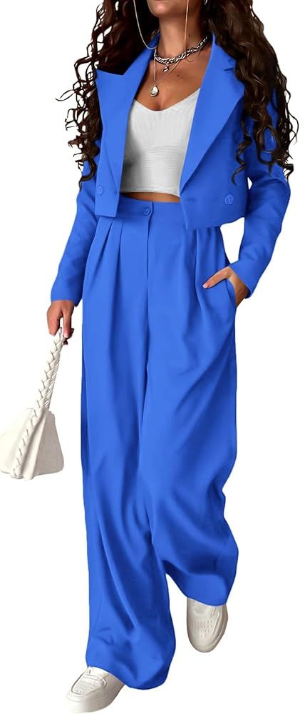 KIRUNDO Women's Two Piece Outfits Business Casual Cropped Blazer Jackets and Wide Leg Pants Suit ... | Amazon (US)