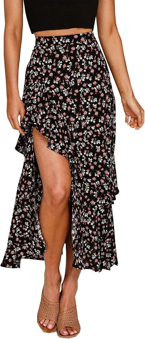 BTFBM Women 2024 Summer Spring Boho Long Skirts Dress Floral Print Elastic Waist Split Ruffle Hig... | Amazon (US)