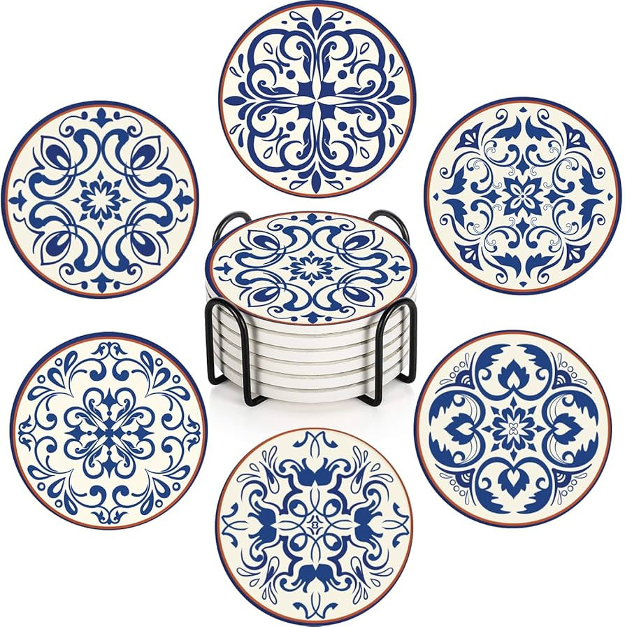 Coaster for Drinks Set of 6, Blue Vintage Spanish Ceramic Floral Absorbent Round Ceramic Stone Mat, with Cork Base and Metal Holder, Gift for Housewarming Room Bar Decor | Amazon (US)