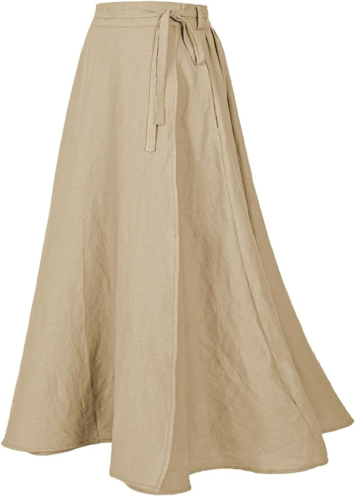 Women's Linen Wrap Skirt Casual Maxi Skirt Vintage A line Linen Skirt | Amazon (US)