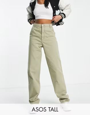 ASOS DESIGN Tall slouchy straight leg pants in khaki | ASOS (Global)