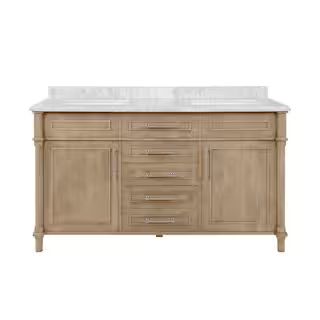 Aberdeen 60 in. x 22 in. D x 34.5 in. H Bath Vanity in Antique Oak with White Carrara Marble Top | The Home Depot