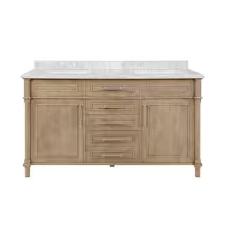Aberdeen 60 in. x 22 in. D x 34.5 in. H Bath Vanity in Antique Oak with White Carrara Marble Top | The Home Depot
