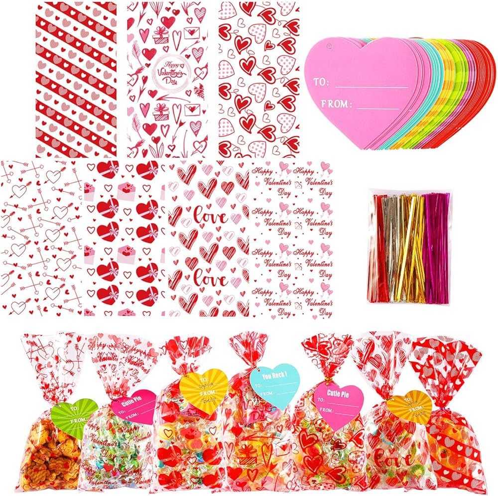 182 PCS Valentines Gift Bags Valentine Cellophane Bags, 7 Assorted Styles Valentine Treat Bags Va... | Amazon (US)