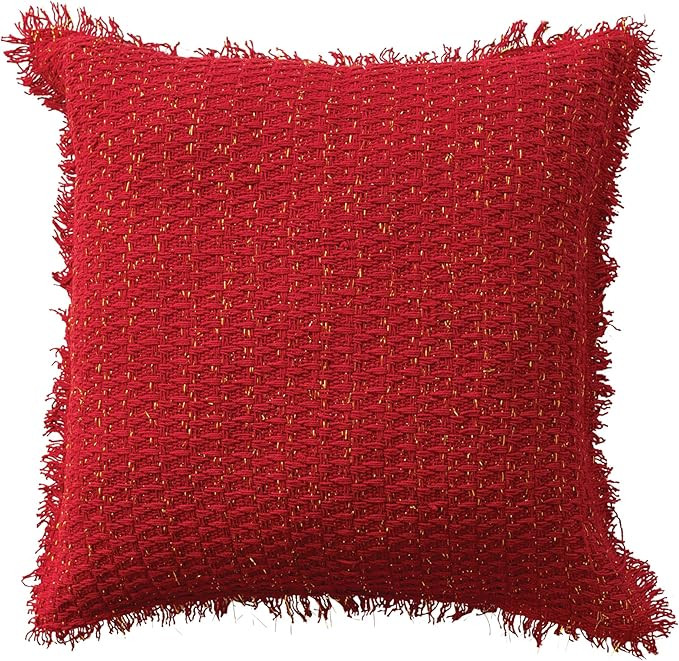 Creative Co-Op, Red Square Woven Cotton Pillow with Metallic Gold Thread and Fringe | Amazon (US)