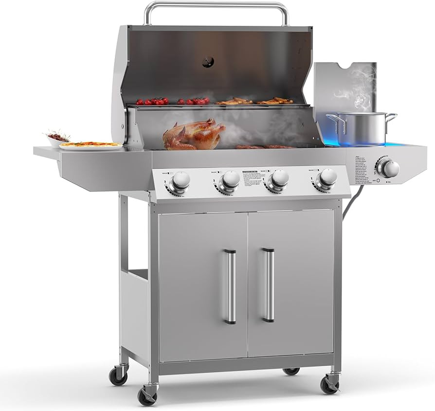 4 Burner Propane BBQ Grill with Side Burner, Stainless Steel Gas Grill with Built-in thermometer,... | Amazon (US)