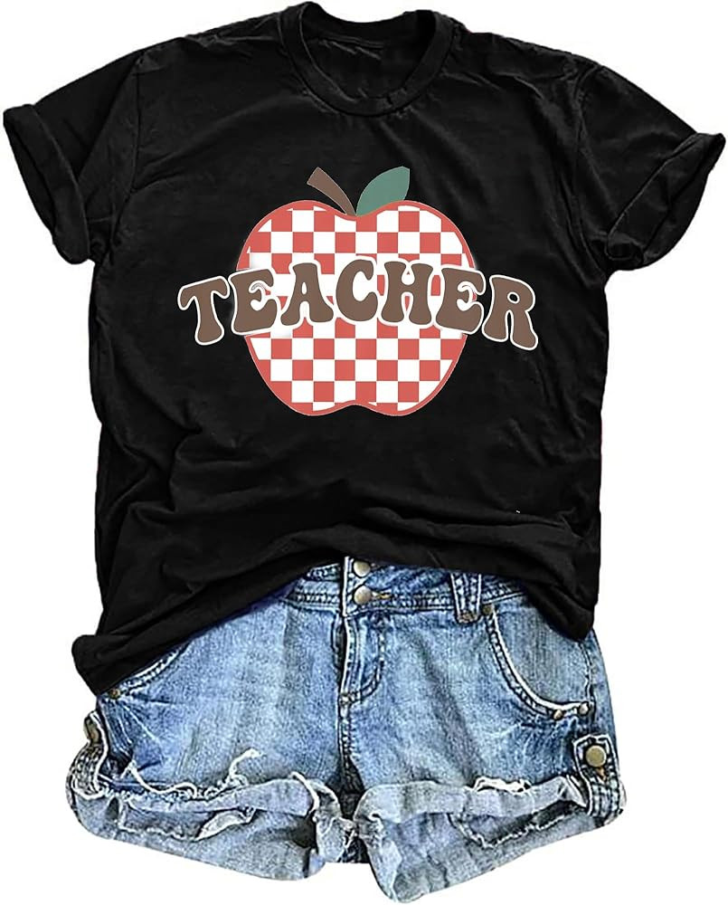 Teacher Shirts for Women Funny Apple Graphic Teacher T-Shirt Retro Teaching Life Gifts Tees Tops | Amazon (US)