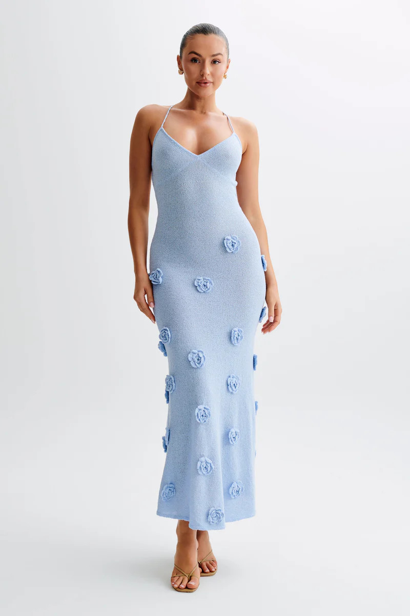 Suki Knit Maxi Dress With Flowers - Light Blue | Meshki (APAC)