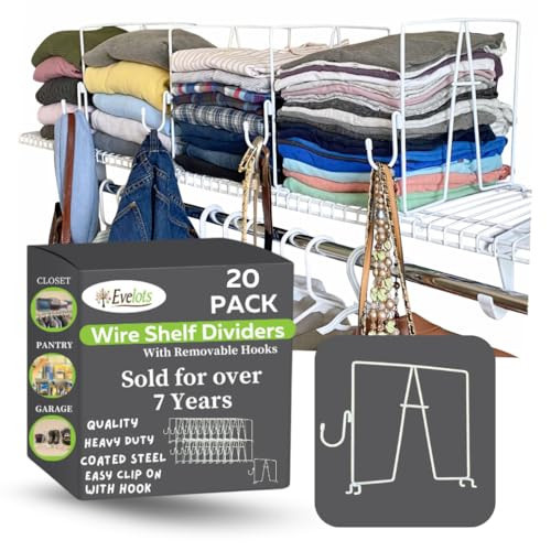 Evelots Wire Shelf Dividers - Extra Closet Organization and Storage for Home or Office -20 Pack- New Removable Hooks - Tall Shelf Separators - Easy to Clip -No Tool- Sturdy Coated Steel - 12 Inch Tall | Amazon (US)