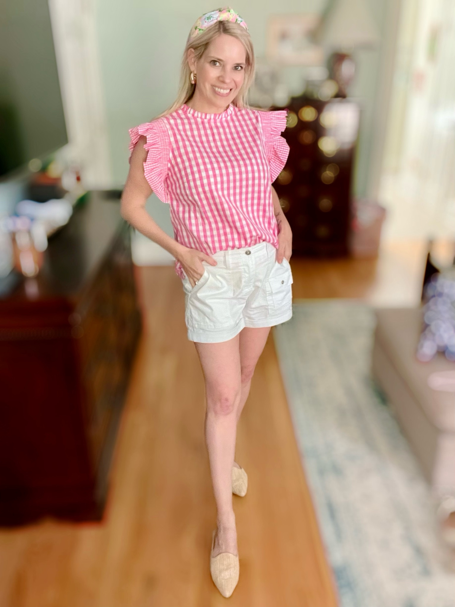 Gingham ruffle top, white shorts

#LTKFindsUnder50 #LTKOver40 #LTKFindsUnder100