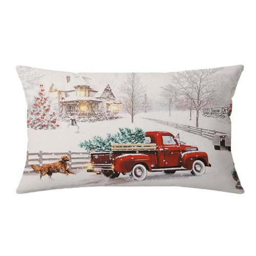 AOFANGGO Christmas Pillow Cover 12x20 inch Holiday Decorations Vintage Red Truck with Xmas Tree Throw Pillow Farmhouse Rustic Cushion Cover for Bed Chair Sofa Couch Rectangle | Amazon (US)