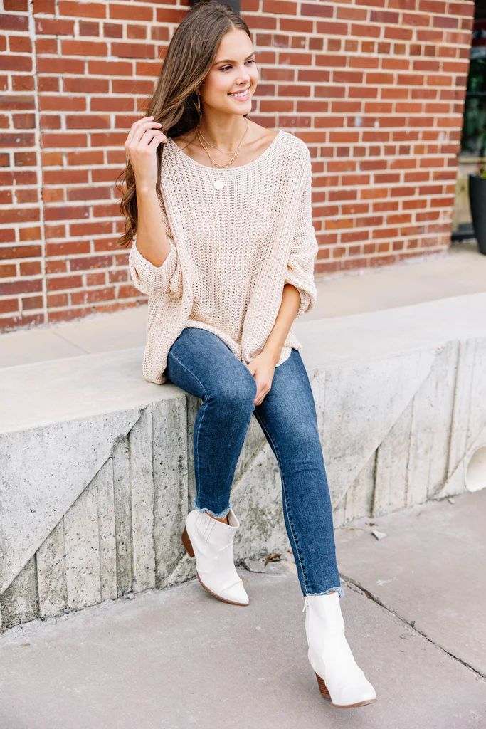 Leave It All Behind Taupe White Sweater | The Mint Julep Boutique