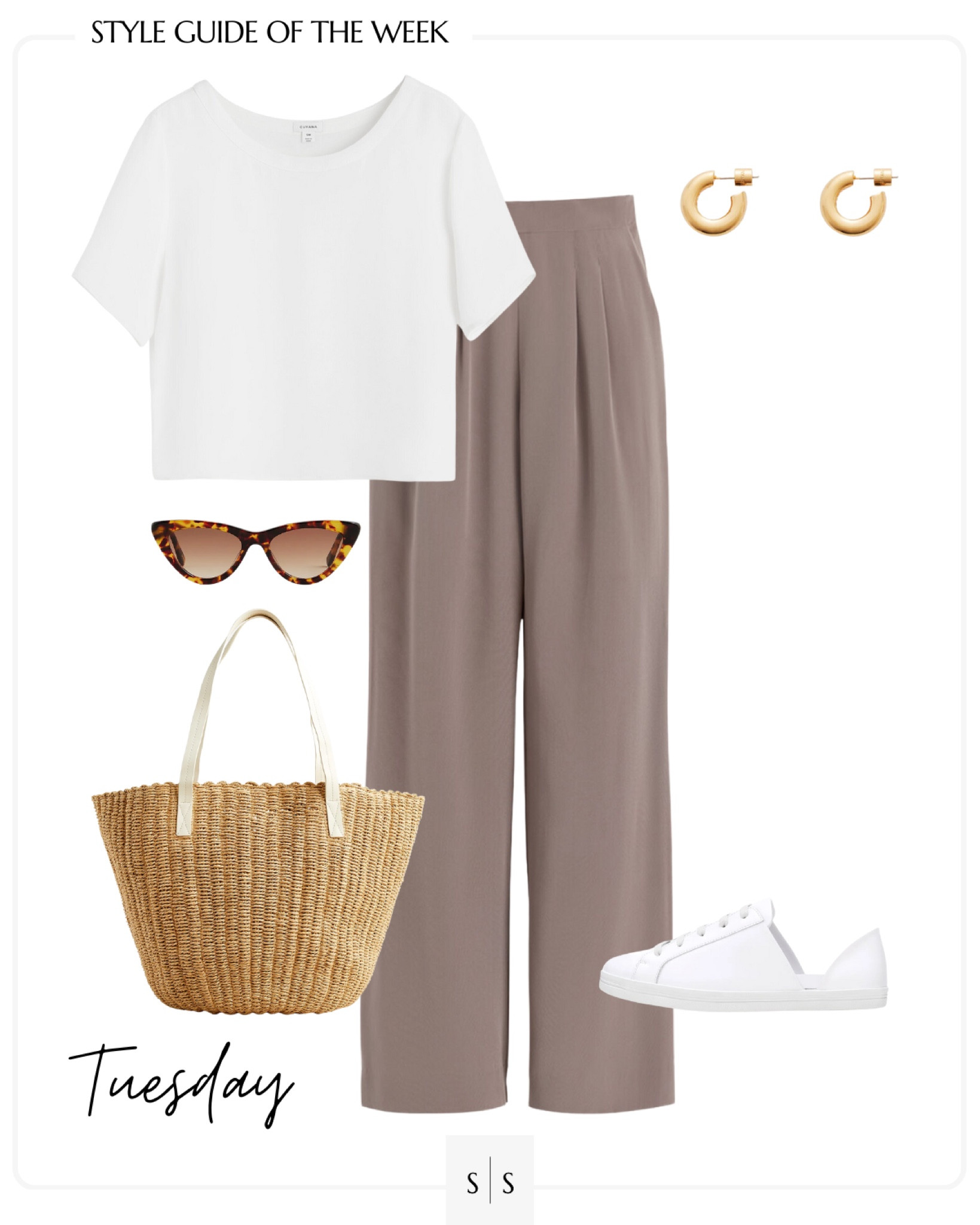 Style Guide of the Week | outfit ideas, Spring outfits, Summer outfits, transitional outfits, elevated outfit, silk pant, basic tee, straw tote, Fred Salvador sneaker, casual outfit. See all details on thesarahstories.com ✨

#LTKFind #LTKstyletip