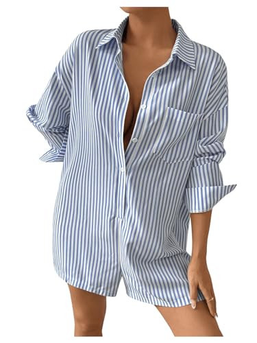Floerns Women's Solid Button Down Long Sleeve Drop Shoulder Shirt Short Romper Light Blue Medium | Amazon (US)