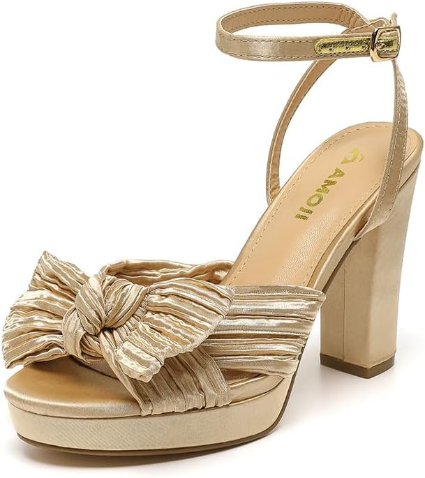 Amoji Women's Chunky Platform Heels 4'' Bowknot Heeled Sandal Wedding With Ankle Strap 302F4 | Amazon (US)