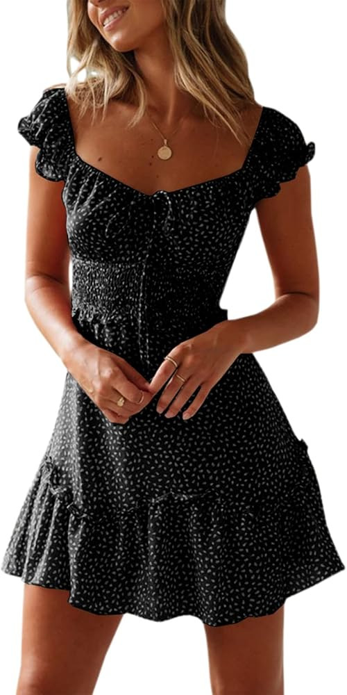 YOBECHO Women's Summer Ruffle Sleeve Sweetheart Neckline Printing Dress Mini Dress | Amazon (US)