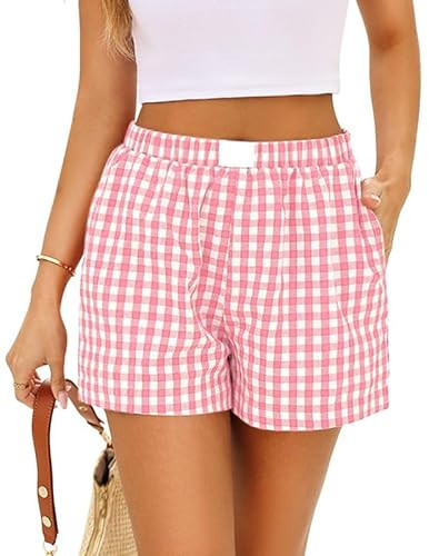 Marvmys Cotton Checkered Boxers for Women Lightweight Shorts Baggy Boxer Shorts Elastic Waist Plaid Pj Bottoms Pink M | Amazon (US)