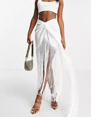 ASOS DESIGN wrap linen skirt with fringe in white | ASOS (Global)