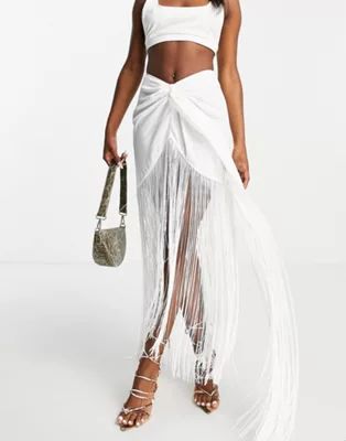 ASOS DESIGN wrap linen skirt with fringe in white | ASOS (Global)